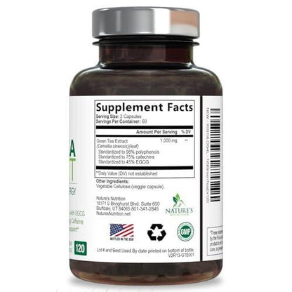 Green Tea Extract Capsules - 3X Strength Green Tea Extract 1000 mg Per Serving Pills with 45% EGCG & 98% Polyphenols for Natural Energy - Antioxidant Herbal Heart Support Supplement - 120 Capsules