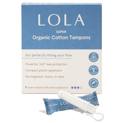 LOLA 100% Organic Cotton Tampons, 8 Count - Super Non-Toxic Tampons, Period Feminine Hygiene Products, HSA FSA Approved
