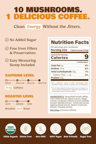 10-in-1 USDA Certified Organic Mushroom Coffee Instant, Instant Mushroom Coffee Brazilian Dark Roast for Better Energy, Focus, Gut Health, 60 Servings Regular Caffeine - ShroomDNA - görsel 8