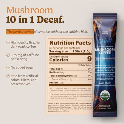 10-in-1 USDA Certified Organic Decaf Mushroom Coffee, Instant Mushroom Coffee Decaf, Brazilian Dark Roast for Better Energy, Focus, Gut Health, 30 Sticks - ShroomDNA