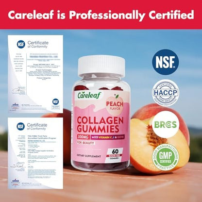 careleaf Sugar Free Collagen Gummies with Vitamin C & E – Support Natural Collagen Production, Healthy Hair, Nails & Bones – Peach Flavor, 60 Gummies (30 Days Supply)