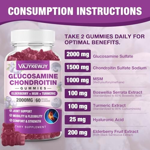 VAJYKEWJY Sugar Free 2000mg Glucosamine Chondroitin Gummies, Extra Strength Glucosamine with Chondroitin MSM & Turmeric, Joint Support Supplement, Antioxidant Immune Support - 60 Gummies - görsel 3
