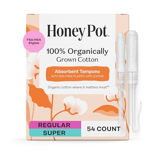 The Honey Pot Company - Multipack - 100% Organic Cotton Core Tampons w/ Bio Plastic Applicator - Regular & Super Absorbency - Unscented - Feminine Care - 54 Count (3 Packs of 18) - görsel 1