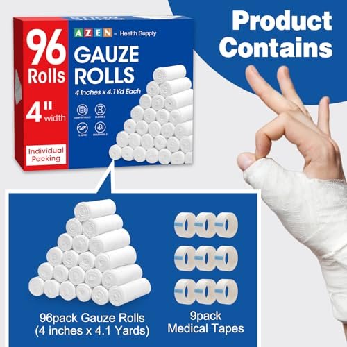 AZEN 96 Pack Gauze Rolls Bandages, 4 in x 4.1 Yards, Premium Medical Supplies & First Aid Supplies, Bandage Wrap Vet Wrap, Mummy Wraps - görsel 1