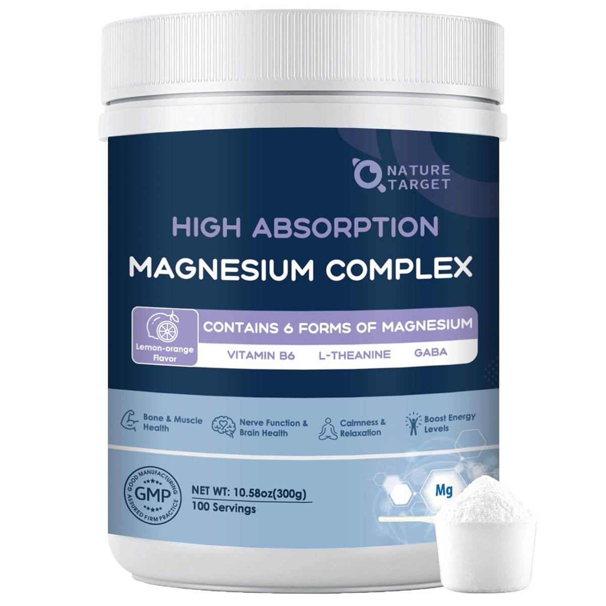 NATURE TARGET Magnesium Powder Supplement with Glycinate, Citrate, Malate, Magnesium Complex with L-Theanine & Vitamin B6 for Muscle, Heart & Brain, Vegan, 10.58 oz (100 Servings), Lemon Orange Flavor - görsel 15