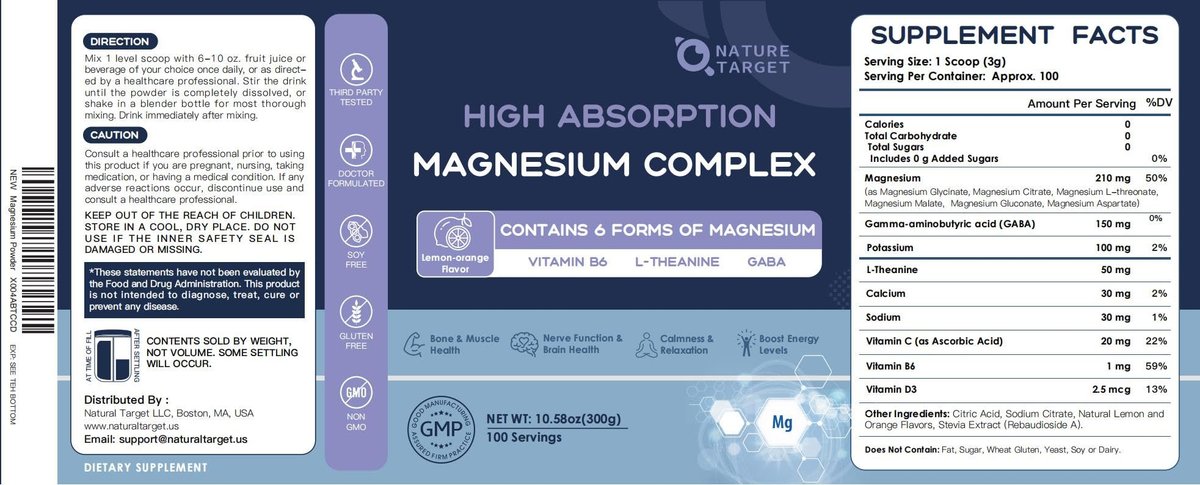 NATURE TARGET Magnesium Powder Supplement with Glycinate, Citrate, Malate, Magnesium Complex with L-Theanine & Vitamin B6 for Muscle, Heart & Brain, Vegan, 10.58 oz (100 Servings), Lemon Orange Flavor - görsel 1