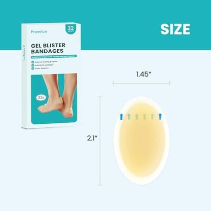 Promifun Waterproof Hydrocolloid Gel Blister Bandages - Pads for Heel, Foot, Toe & Feet - Gel Blister Cushions for Prevention & Recovery (32ct, Heel Pack)