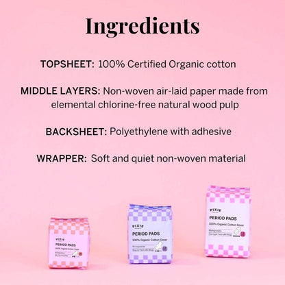 Pixie Organic Cotton Ultra Thin Mini Pads for Teens - Liners with Wings - Light Absorbency Menstrual Pads - Hypoallergenic, Unscented & Biodegradable for Feminine Care - FSA Eligible - 64 Count