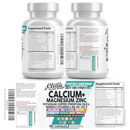 Allin1 Calcium Magnesium Zinc Supplement with Potassium, Copper, Strontium, Silica, Vitamin D3 K2, Boron, Vitamin B1 B12 Red Clover Herb Alfalfa Basil Pills for Men & Women Clean Nutra Osteo Defend