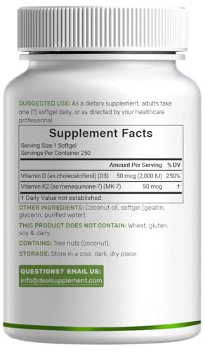 DEAL SUPPLEMENT Vitamin D3 2,000 IU + K2 MK7 50mcg Softgels | 2-in-1 Complex with Virgin Coconut Oil | Supports Heart, Bone, Teeth & Immune Health | Easy to Swallow