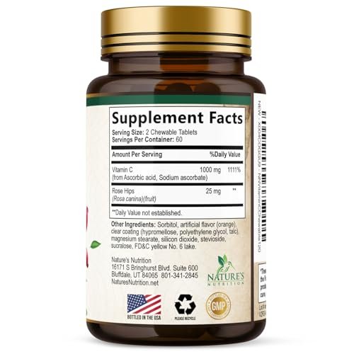 Vitamin C 1000mg Per Serving Chewable - Sugar Free - Extra Strength Antioxidants - Natural Immune Support Supplement with Vitamin C & Rose Hips, Powerful Vit C Chews, Tasty Orange Flavor - 120 Tablets - görsel 1