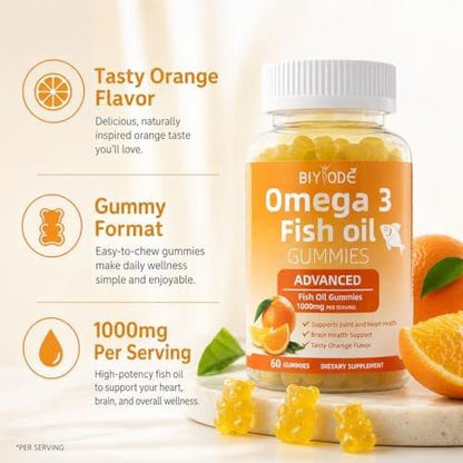 Omega-3 Fish Oil Supplements: Pure 1000mg Omega-3 Gummies Support Heart Joint Eye Brain Immune Health 60 Gummies 30 Day Supply