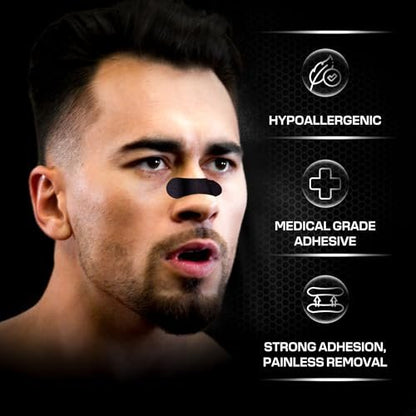 Performance Nose Strips for Breathing (60 Count) - Oil & Sweat Proof Adhesive - Athletic Nasal Strips for Snoring & Sleeping - Black, Wide, Universal Fit, Extra Strength Snoring Solution for Sleep