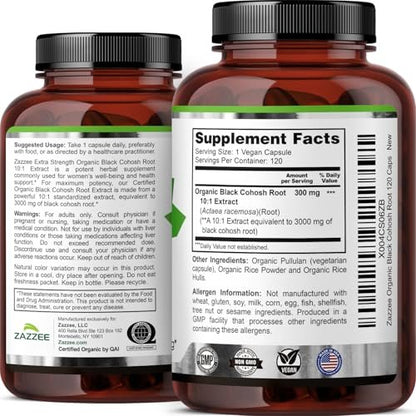 Zazzee USDA Organic Black Cohosh 10:1 Extract, 120 Vegan Capsules, 4 Month Supply, Actaea Racemosa, Women’s Health & Hormonal Balance Support, All-Natural, Non-GMO, Made in the USA