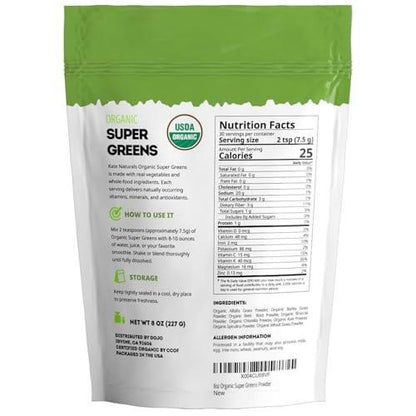 Kate Naturals Organic Super Greens Powder. Daily Greens Superfood Blend with Probiotics & Fiber for Smoothies and Juice (30 Servings, 8oz, Natural)