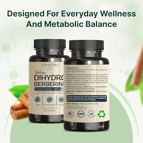VINATURA Dihydroberberine Supplement with Ceylon Cinnamon, 500mg - Patented GlucoVantage Super Berberine - 30 Capsules - görsel 10