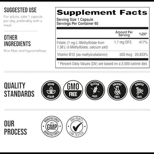 L Methyl Folate 1000 mcg Plus Methyl B12 Cofactor – Active 5-MTHF Form - Supports Mood, Methylation, Cognition – Highly Bioavailable Bioactive Forms of Vitamin B9 & B12 (60 Capsules – 60 Servings) - görsel 1