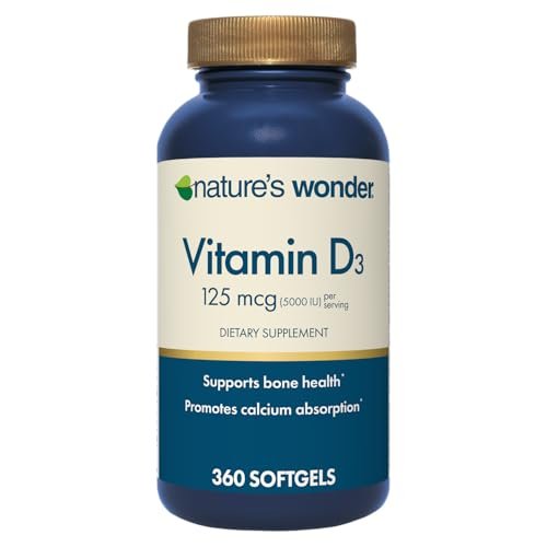 Nature's Wonder Vitamin D3 5000iu (125mcg) High Potency, Dietary Supplement to Support Bone Health and Immune System, Gluten Free, 360 Softgels, 1 Year Supply - görsel 1