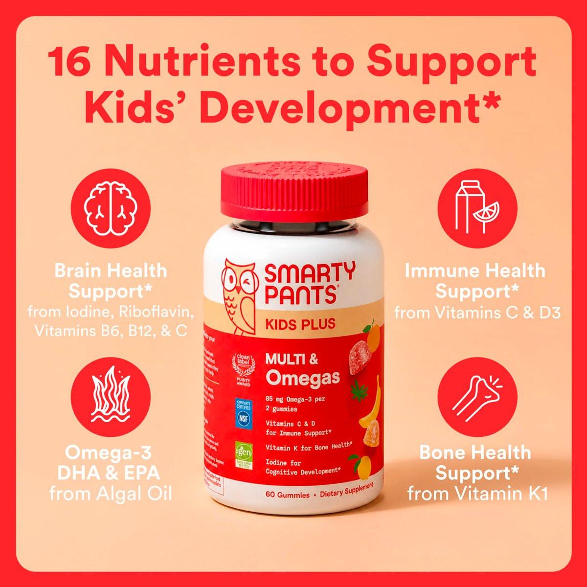SmartyPants Kids Multivitamin Gummies with Omega 3 DHA/EPA, Vitamins D3, C, B12, B6, A, K, and Zinc, Gluten Free, Clean Label, Three Fruit Flavors, 60 Gummies (30 Day Supply) - görsel 9