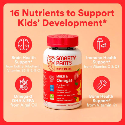 SmartyPants Kids Multivitamin Gummies with Omega 3 DHA/EPA, Vitamins D3, C, B12, B6, A, K, and Zinc, Gluten Free, Clean Label, Three Fruit Flavors, 60 Gummies (30 Day Supply)
