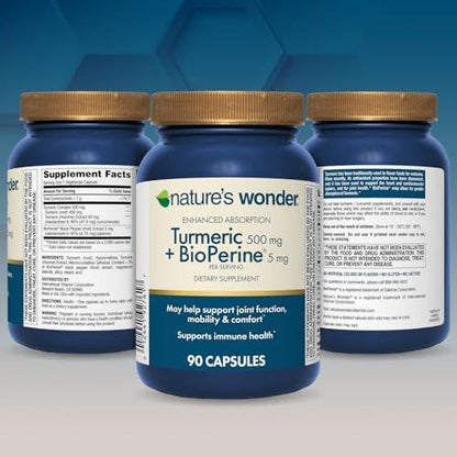 Nature's Wonder Turmeric Supplement with BioPerine - Enhanced Absorption Turmeric Complex 500mg with BioPerine 5mg for Joint Function, Mobility, and Comfort, 90 Vegetarian Turmeric Capsules