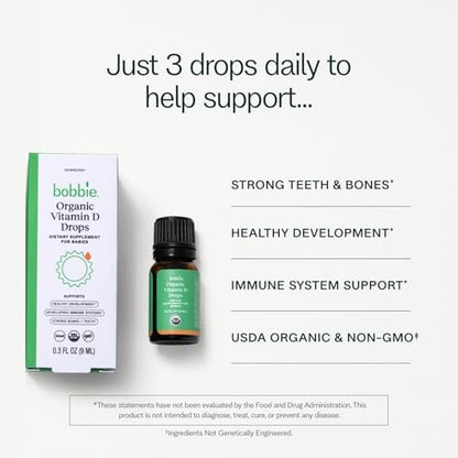 Bobbie Organic Baby Vitamin D Drops, Daily Liquid Supplement to Support Development, Immune Health and Strong Teeth and Bones in Newborn Babies and Infants, Vegan, Infant Vitamin D, 400 IU, 0.3 fl oz