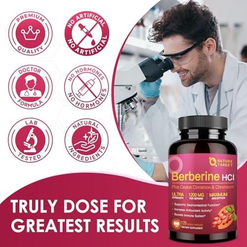 NATURE TARGET Berberine HCL 1200mg, Berberine Supplement with Ceylon Cinnamon, Chromium - Supports Immune, Gastrointestinal & Digestive Health, Non-GMO, 120 Capsules - görsel 6
