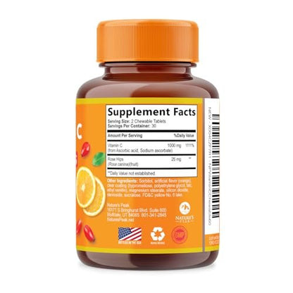 Vitamin C 1000mg Per Serving - Extra Strength Daily Immune Support with Rose Hips Chewable Supplement - Sugar Free Tasty Orange Flavor - Antioxidant & Collagen Support - USA Bottled - 60 Tablets