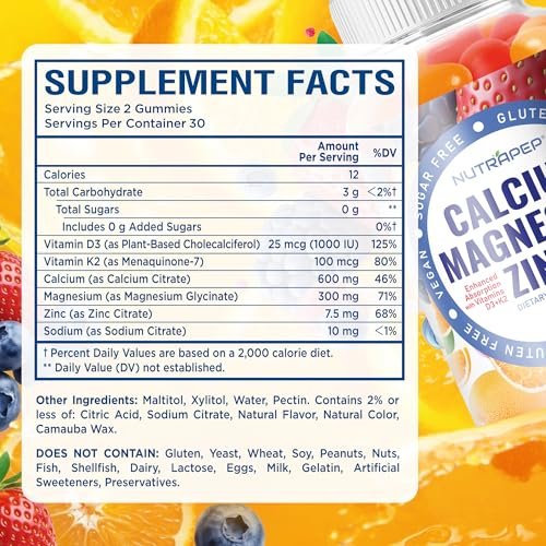 NutraPep Calcium Magnesium Zinc Supplement Gummies - with Vitamin D3 K2 Magnesium Glycinate - Orange Berry Flavored Vegan Sugar-Free Gluten Free Chewable for Men Women Kids - görsel 1