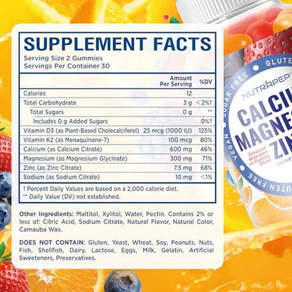 NutraPep Calcium Magnesium Zinc Supplement Gummies - with Vitamin D3 K2 Magnesium Glycinate - Orange Berry Flavored Vegan Sugar-Free Gluten Free Chewable for Men Women Kids