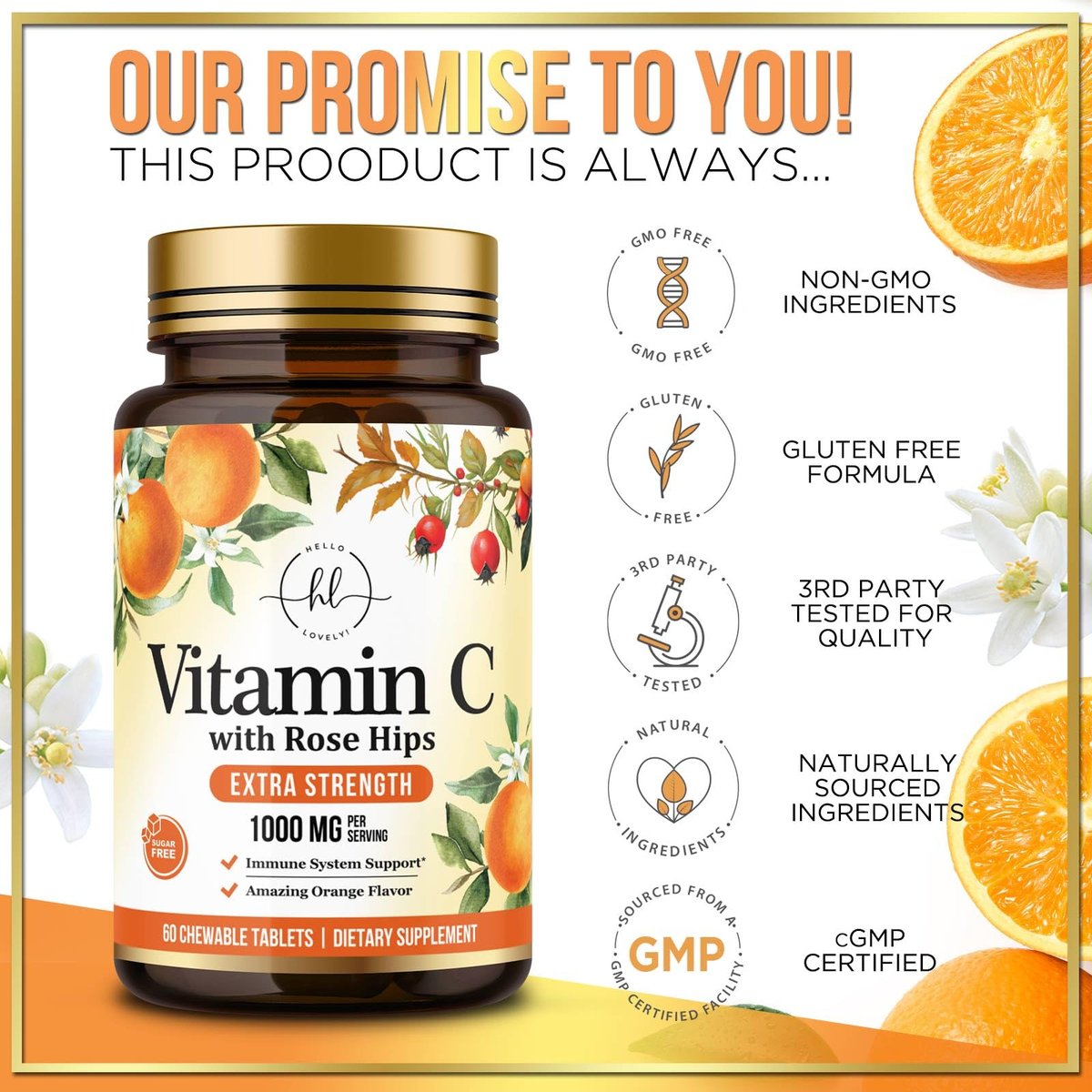 Vitamin C 1000mg Per Serving - Extra Strength with Rose Hips Bioflavonoids - Sugar Free Vitamin C Chewable Pills, Vit C Supplement for Immune Support & Antioxidant, USA Bottled - 60 Chewable Tablets - görsel 7