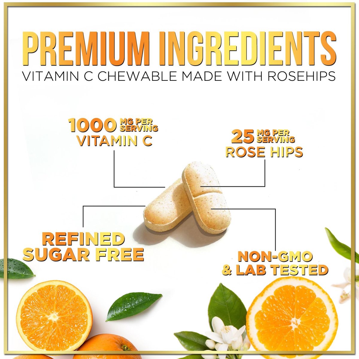 Vitamin C 1000mg Per Serving - Extra Strength with Rose Hips Bioflavonoids - Sugar Free Vitamin C Chewable Pills, Vit C Supplement for Immune Support & Antioxidant, USA Bottled - 60 Chewable Tablets - görsel 5