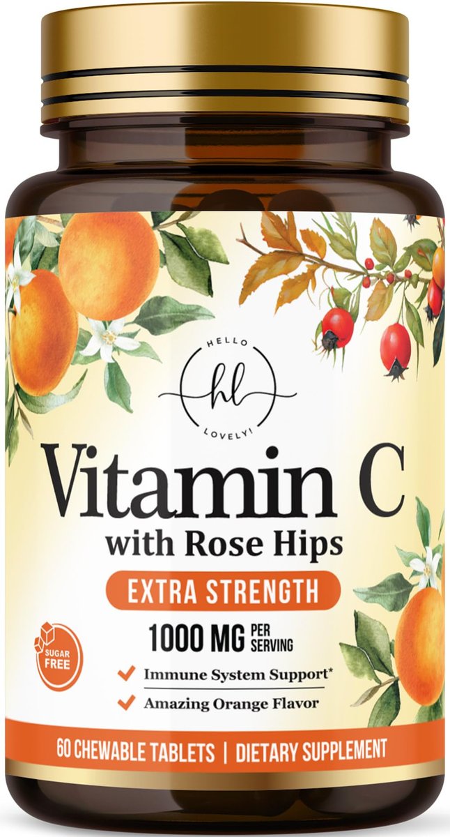 Vitamin C 1000mg Per Serving - Extra Strength with Rose Hips Bioflavonoids - Sugar Free Vitamin C Chewable Pills, Vit C Supplement for Immune Support & Antioxidant, USA Bottled - 60 Chewable Tablets - görsel 1