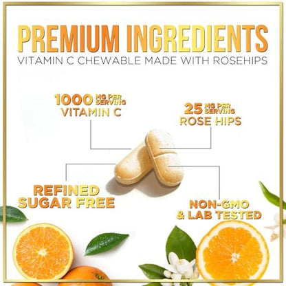 Vitamin C 1000mg Per Serving - Extra Strength with Rose Hips Bioflavonoids - Sugar Free Vitamin C Chewable Pills, Vit C Supplement for Immune Support & Antioxidant, USA Bottled - 60 Chewable Tablets