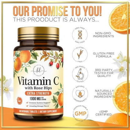Vitamin C 1000mg Per Serving - Extra Strength with Rose Hips Bioflavonoids - Sugar Free Vitamin C Chewable Pills, Vit C Supplement for Immune Support & Antioxidant, USA Bottled - 60 Chewable Tablets