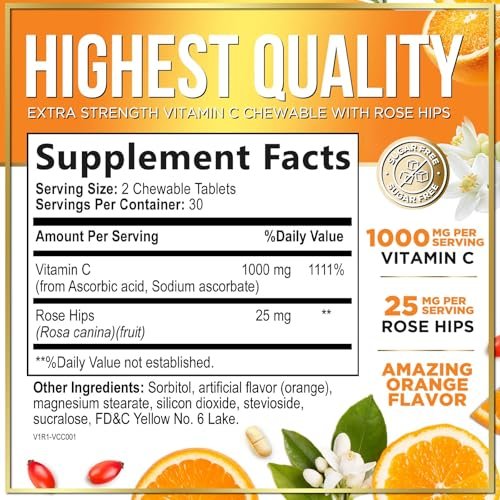 Vitamin C 1000mg Per Serving - Extra Strength with Rose Hips Bioflavonoids - Sugar Free Vitamin C Chewable Pills, Vit C Supplement for Immune Support & Antioxidant, USA Bottled - 60 Chewable Tablets - görsel 4