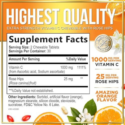 Vitamin C 1000mg Per Serving - Extra Strength with Rose Hips Bioflavonoids - Sugar Free Vitamin C Chewable Pills, Vit C Supplement for Immune Support & Antioxidant, USA Bottled - 60 Chewable Tablets