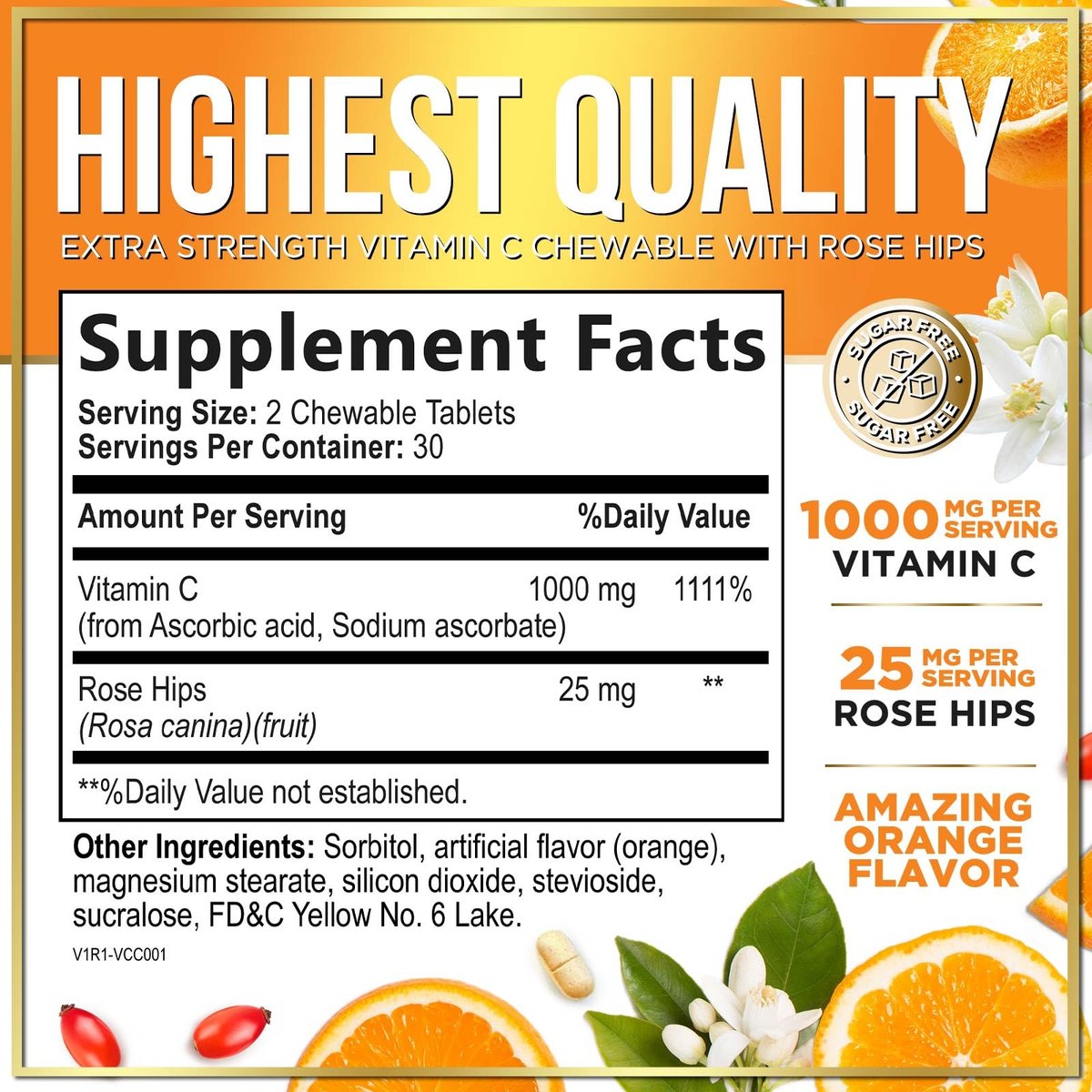 Vitamin C 1000mg Per Serving - Extra Strength with Rose Hips Bioflavonoids - Sugar Free Vitamin C Chewable Pills, Vit C Supplement for Immune Support & Antioxidant, USA Bottled - 60 Chewable Tablets - görsel 3