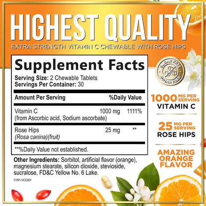 Vitamin C 1000mg Per Serving - Extra Strength with Rose Hips Bioflavonoids - Sugar Free Vitamin C Chewable Pills, Vit C Supplement for Immune Support & Antioxidant, USA Bottled - 60 Chewable Tablets