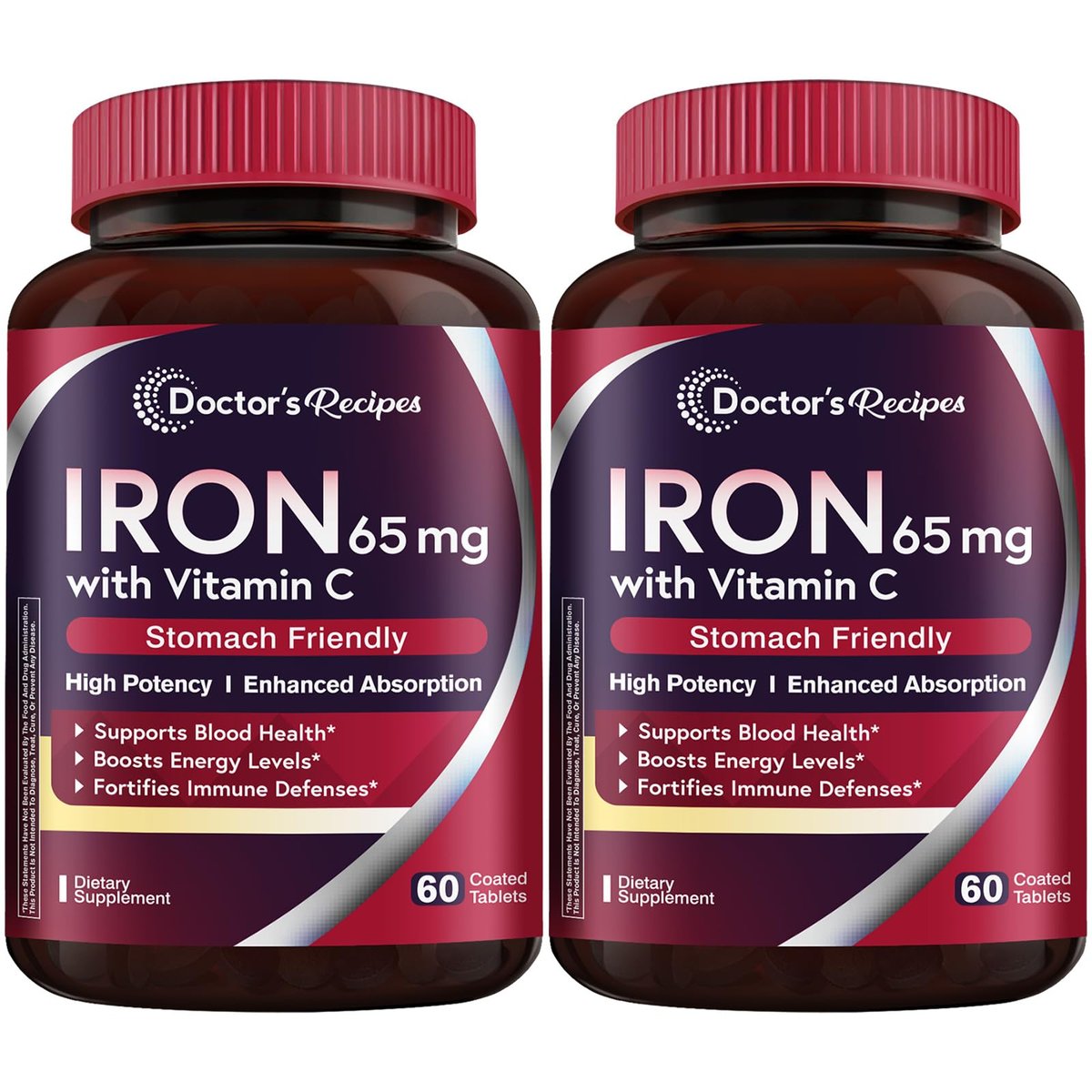 Doctor's Recipes Iron Supplement 65 mg with Vitamin C - Maximized Absorption & Stomach Friendly Iron Pills for Red Blood Cells Formation, Heart, Brain & Immunity Health - Vegan 120 Iron Tabs (2 Pack) - görsel 3