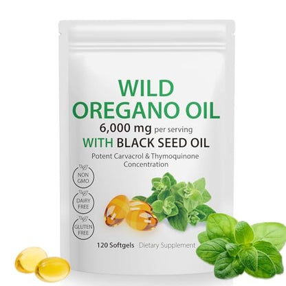 Tooffi Oil of Oregano Softgels, Oregano Oil Capsules Organic, 2-in-1 6000mg Oil of Oregano with Black Seed Oil 200mg, Oregano Oil with Black Seed Oil Softgels, 120 Softgel Capsules