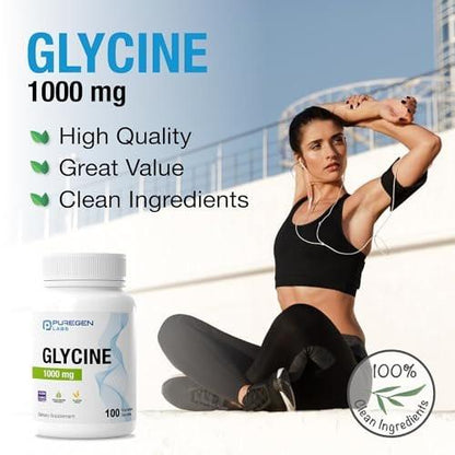 Puregen Labs Glycine 1000mg [High Potency] 100 Vegetarian Capsules, Promotes Healthy Rest | No Harmful Additives | Non-GMO, NO Gluten and Dairy