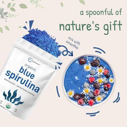 Organic Blue Spirulina Powder (Phycocyanin Extract), 30 Servings - No Fishy Smell, 100% Vegan Protein from Blue-Green Algae, Natural Luminous Food Coloring for Smoothies, Baking, Drinks & Cooking
