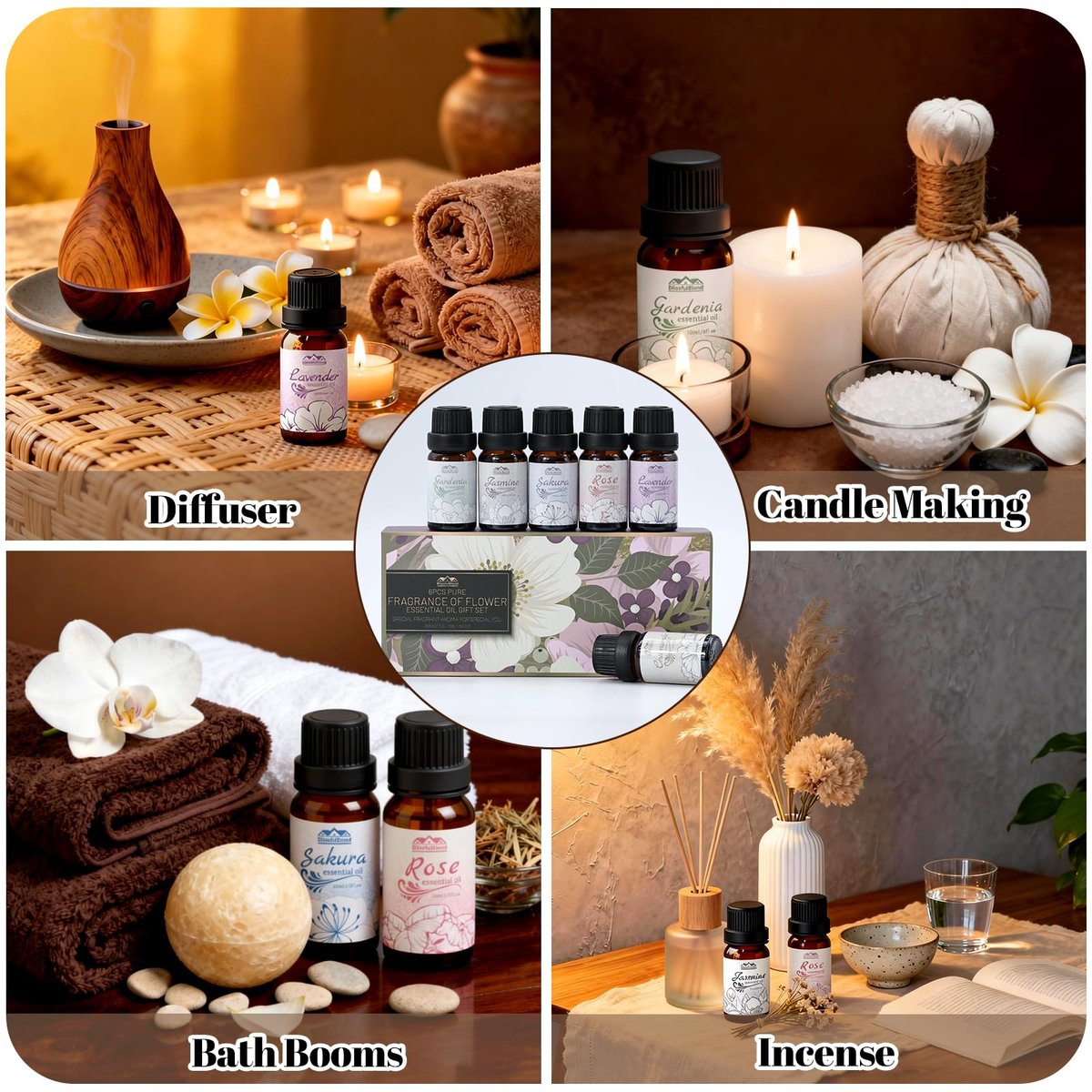 Essential Oils for Diffuser for Home and Hotel, Lavender, Jasmine, Rose, Chamomile, Sakura and Gardenia, Spring Premium Pure Flower Fragrance Essential Oil Set for Gifts-6×10ML - görsel 9