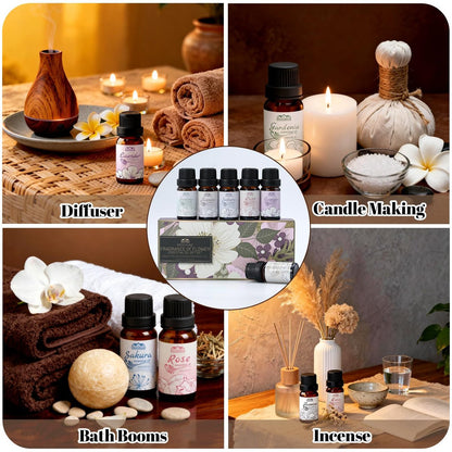 Essential Oils for Diffuser for Home and Hotel, Lavender, Jasmine, Rose, Chamomile, Sakura and Gardenia, Spring Premium Pure Flower Fragrance Essential Oil Set for Gifts-6×10ML
