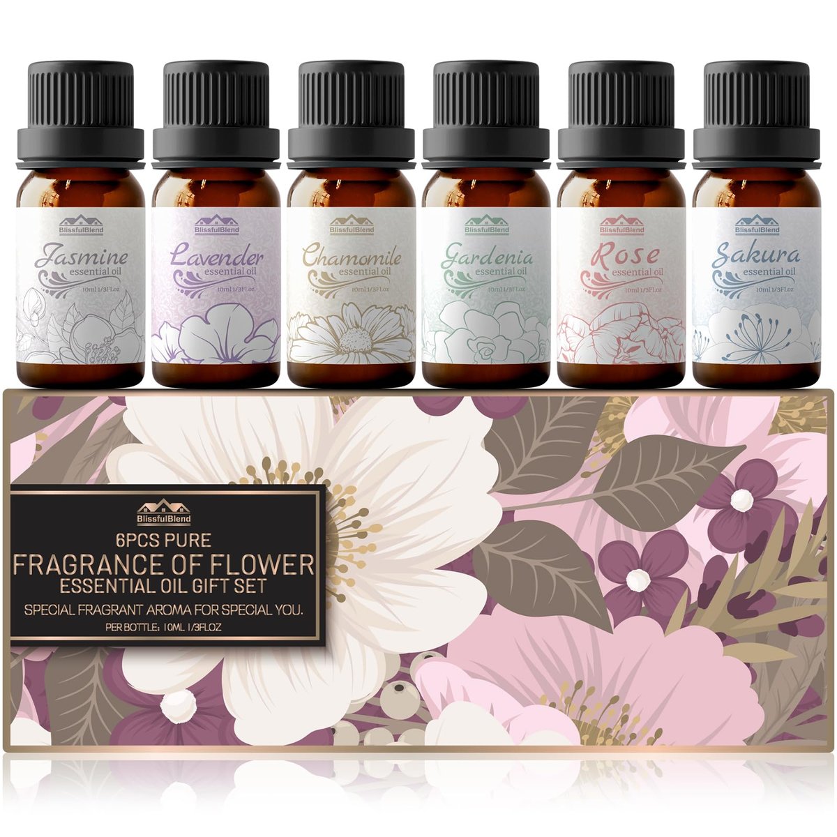 Essential Oils for Diffuser for Home and Hotel, Lavender, Jasmine, Rose, Chamomile, Sakura and Gardenia, Spring Premium Pure Flower Fragrance Essential Oil Set for Gifts-6×10ML - görsel 1