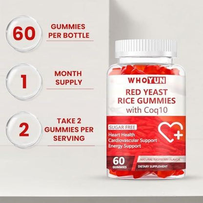 Whoyun Red Yeast Rice with Coq10 Gummies Sugar Free, Red Yeast Rice Supplement