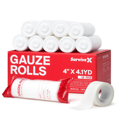 SurviveX 4" Stretch Gauze Roll – Conforming Medical Bandage Wrap for Wound Care, First Aid, and Injury Dressing, 10 Count