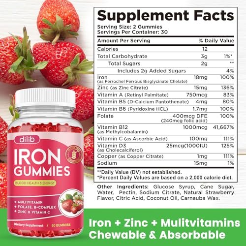 2 Pack Iron Gummies with Multivitamin, Iron Supplement for Women & Men with Zinc, Vitamin B Complex & C, B12, Folate - Blood Builder & Energy Support for Adults & Kids - Strawberry Flavor, Vegan 120ct - görsel 3