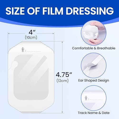 Large Waterproof Bandages Clear Dressings Tattoo Tape Sensitive Skin Wounds Care, Transparent Film Dressing Adhesive Occlusive Patch for Post Surgical Use, 4" x 4 3/4", 50 Packs - görsel 6